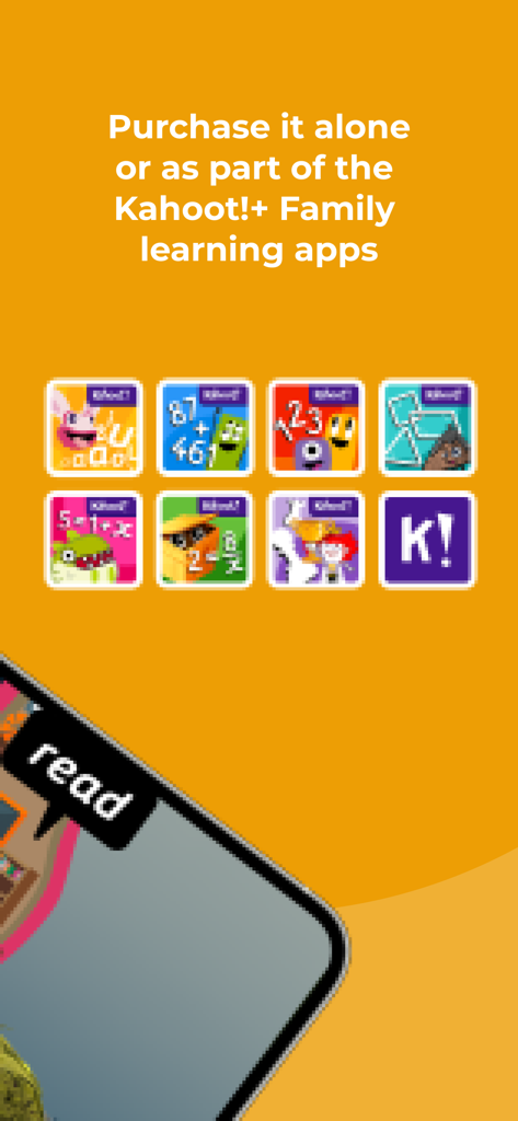 Kahoot! Learn to Read by Poio - Promotion of Kahoot plus Family learning apps subscription with various educational app icons