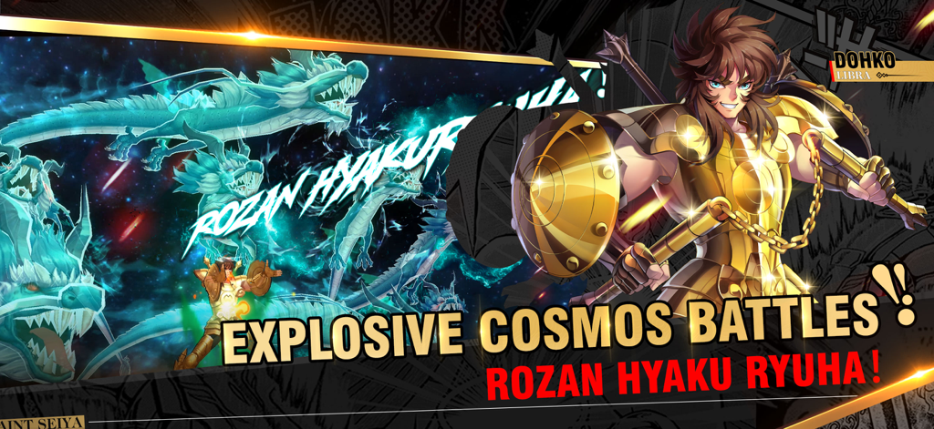 Libra Dohko Gold Saint performing an explosive cosmos dragon attack in Saint Seiya Awakening