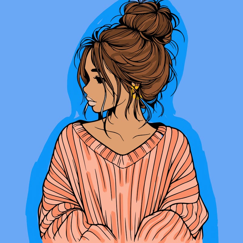 realistic girl wearing a messy bun and an oversized sweater