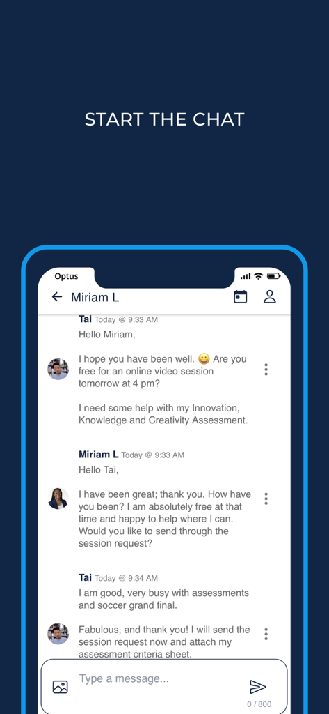 Vygo - Mobile chat interface in the Vygo app showing a student and mentor scheduling an academic support session