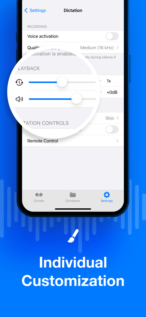 Settings screen of the Dictate plus app showing customizable recording and playback options for professionals