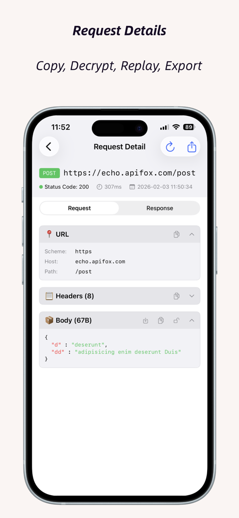ApiCatcher - Capture HTTPS - Screenshot of ApiCatcher showing detailed HTTPS POST request information including URL and JSON body