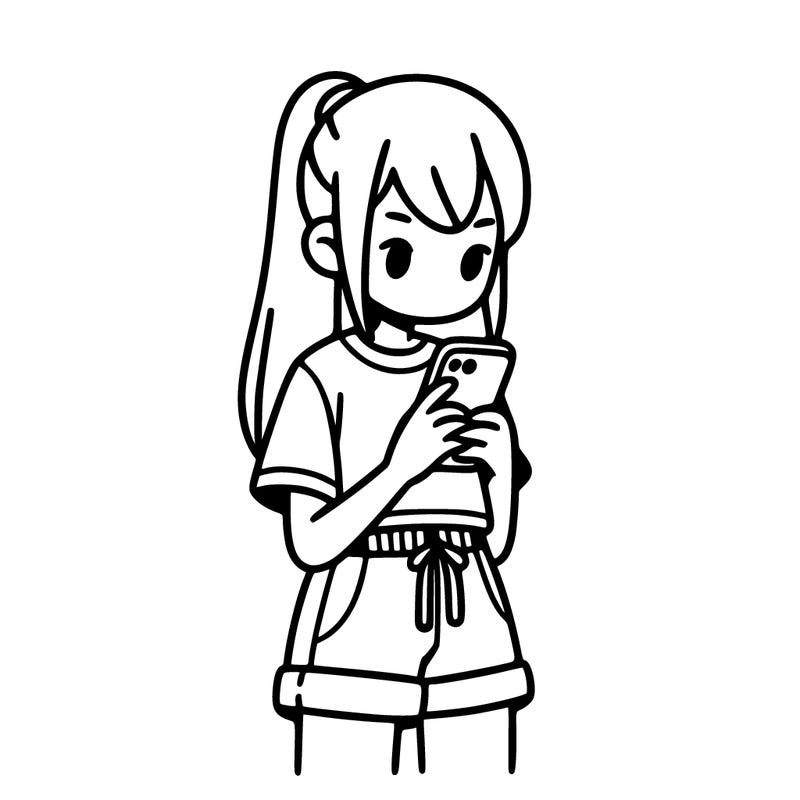 girl in a top and shorts with the phone down and she has a long ponytail