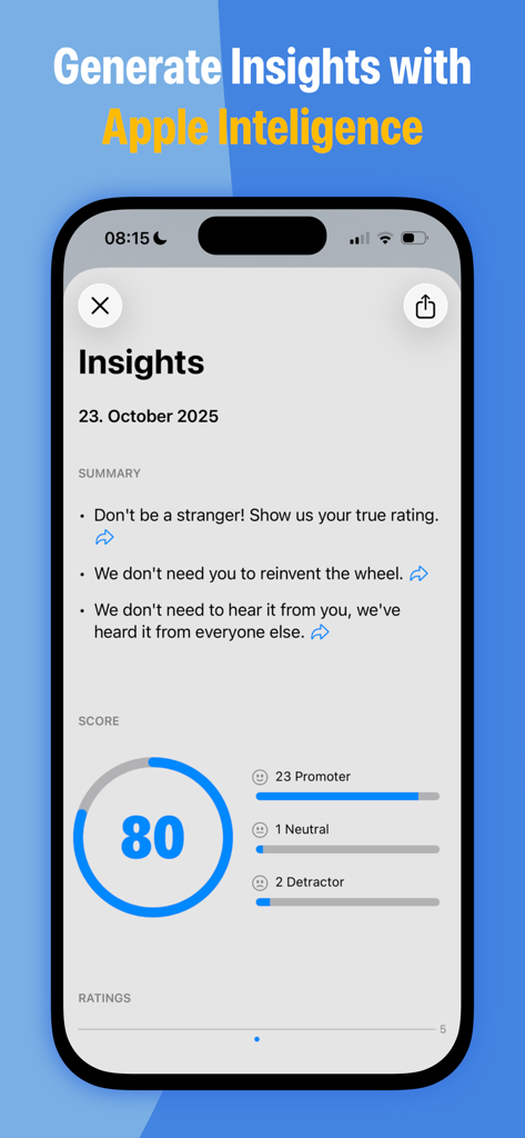 App Reviews - iOS & Android - Painel de reviews de apps exibindo insights gerados por IA e pontuações de sentimento