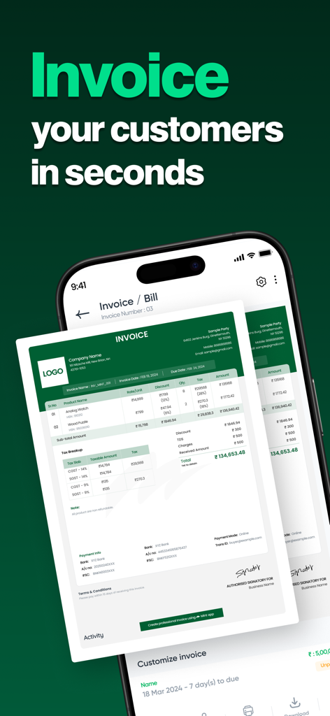 A smartphone showing a digital invoice with the text Invoice your customers in seconds
