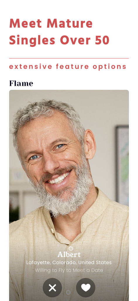 SeniorMatch® - Dating Over 50 - Interfaz de la aplicación SeniorMatch que muestra el perfil de un hombre maduro con opciones para dar me gusta o descartar.