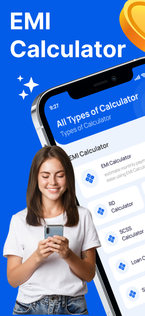 A young woman using the EMI Calculator and Loan Planner mobile app on her smartphone.
