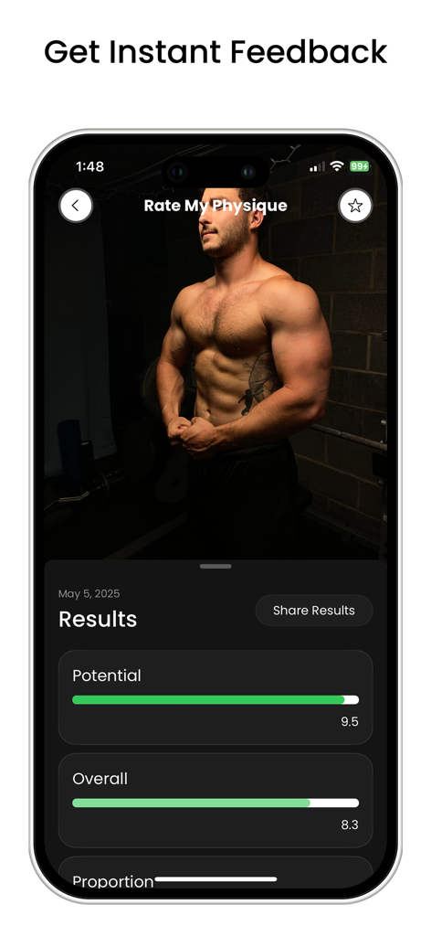 A mobile app interface showing a man's physique with AI generated scores for potential and overall appearance