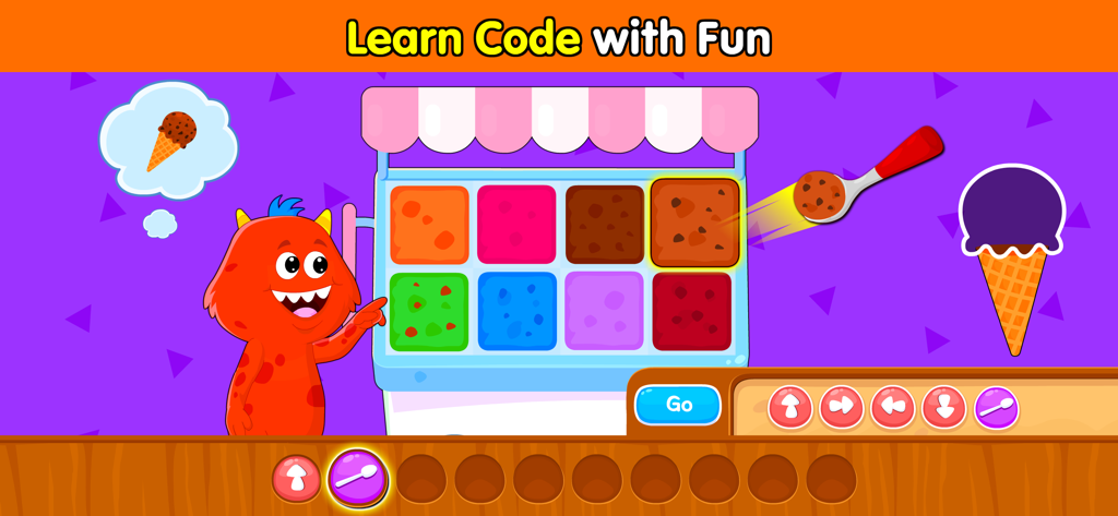 Red monster playing an ice cream themed coding sequence game.