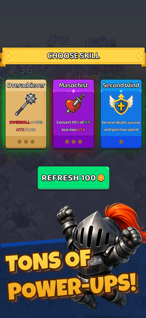 Slashy Knight - Slashy Knightのゲーム画面。キャラクターのパワーアップのためのユニークなスキルカードが3枚表示されている