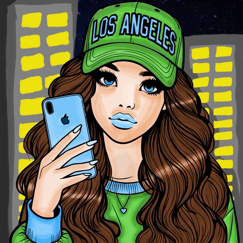 realistic beautiful girl wearing los ángeles cap holding an iphone