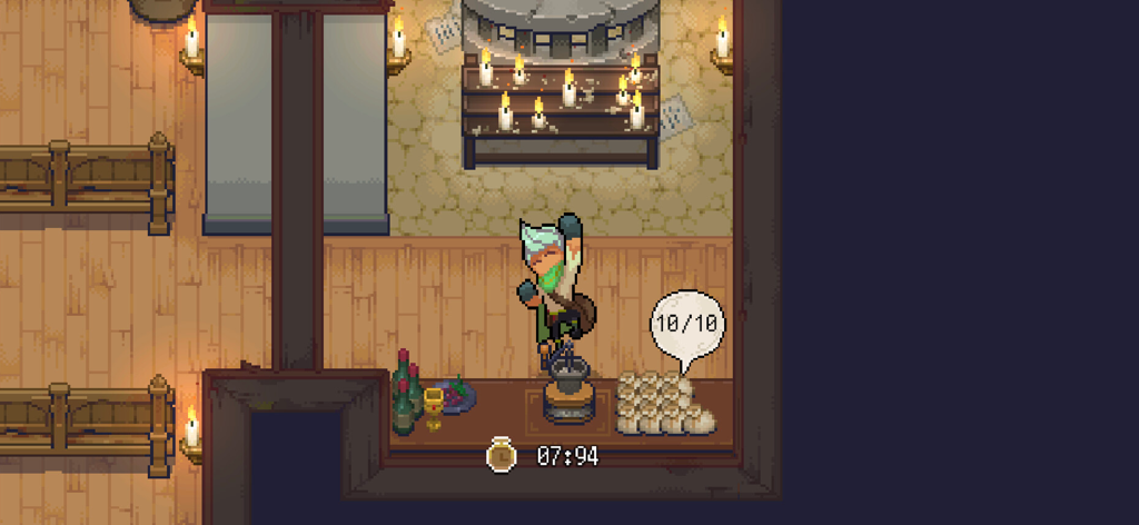 Potion Permit - A pixel art chemist character cheering next to a pile of supplies in an apothecary shop.