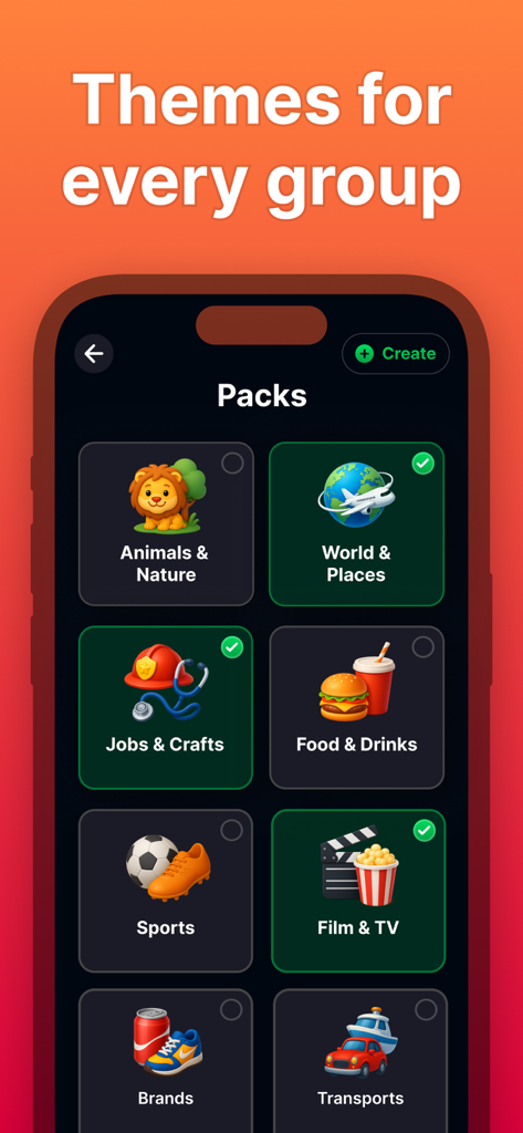Una pantalla de menú que muestra varios paquetes de palabras temáticos para el juego, incluidos deportes y películas