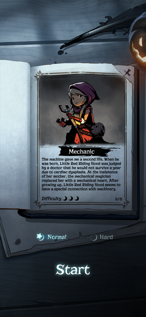 Night of the Full Moon - Pantalla de selección de personaje para la clase Mecánico en Night of the Full Moon mostrando una estética de cuento de hadas oscuro con una mecánica femenina y opciones de dificultad del juego