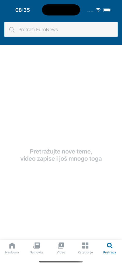 Écran de recherche de l'application mobile Euronews Serbie avec une barre de recherche et un menu de navigation inférieur.
