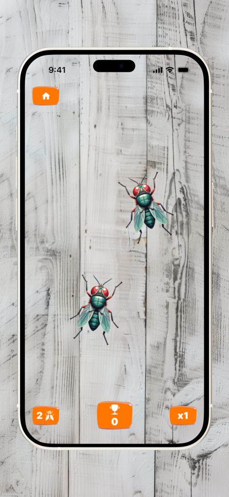 Cat Games - Fish & Mouse - Mobile app screenshot showing two digital flies on a white wooden background for cat enrichment