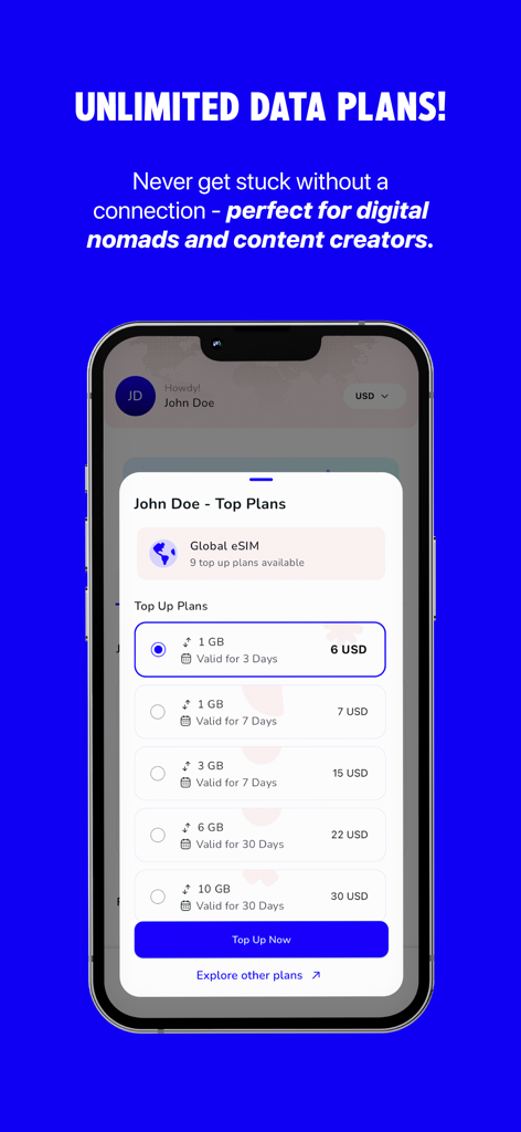 Voye Global eSIM app interface displaying international data top up plans