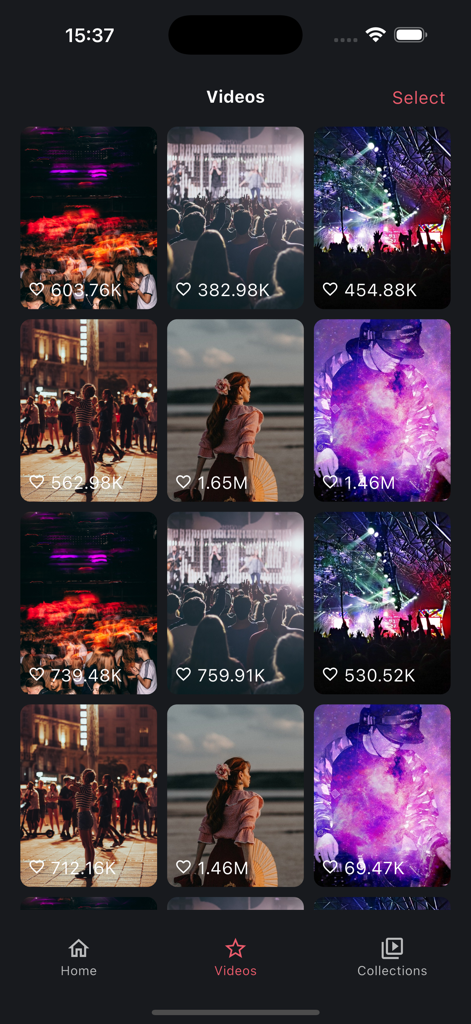 Interface of the SaveTik app showing a organized grid of bookmarked TikTok videos with like counts