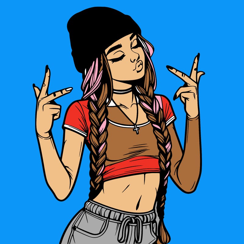realistic teenage girl with braids and a beanie and crop top doing 🫶🏼