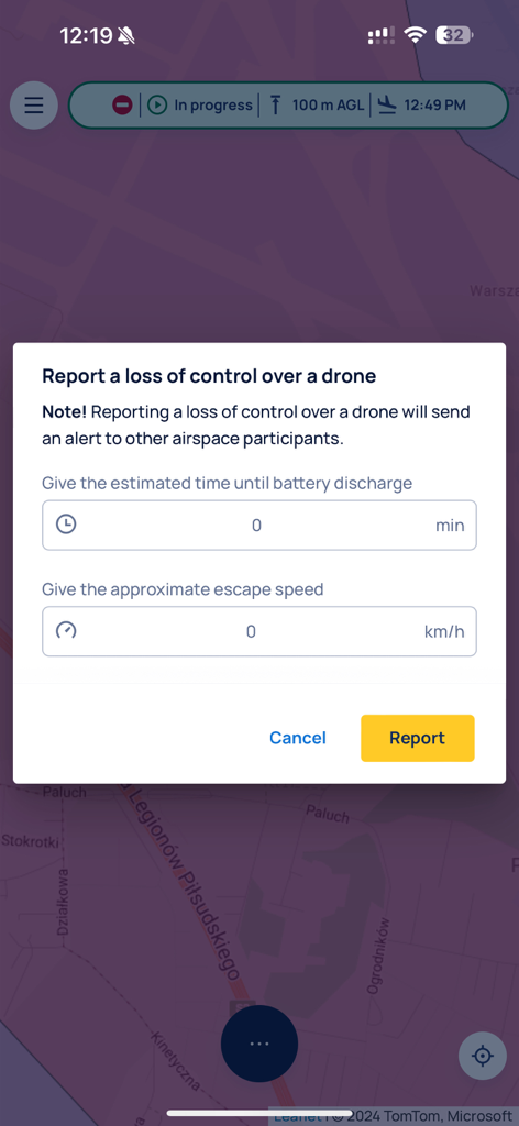 A modal screen in the DroneTower app for reporting a loss of drone control with fields for battery discharge time and escape speed.