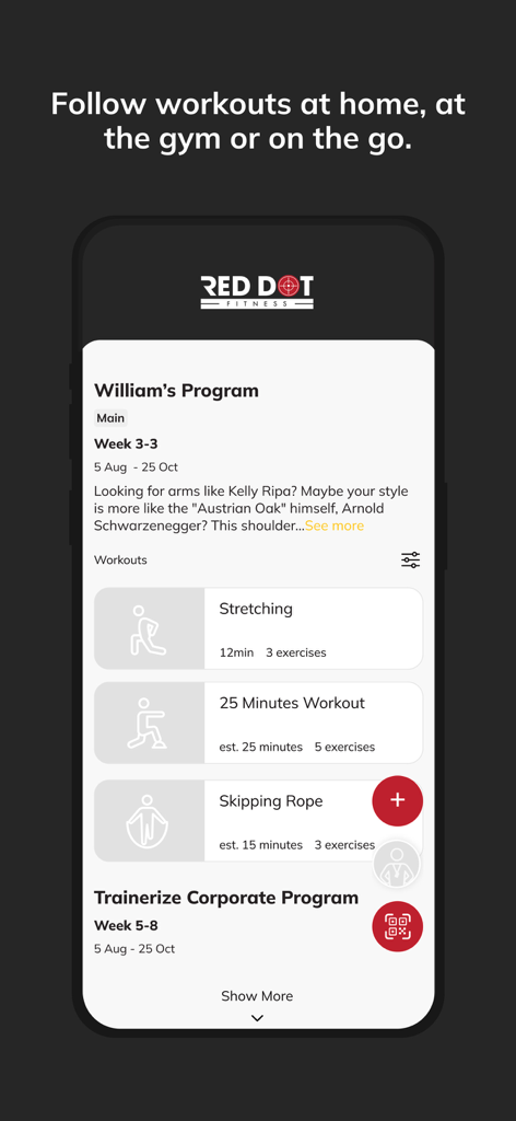 Red Dot Fitness - Red Dot Fitness app interface displaying a customized daily workout program including stretching and skipping rope exercises.