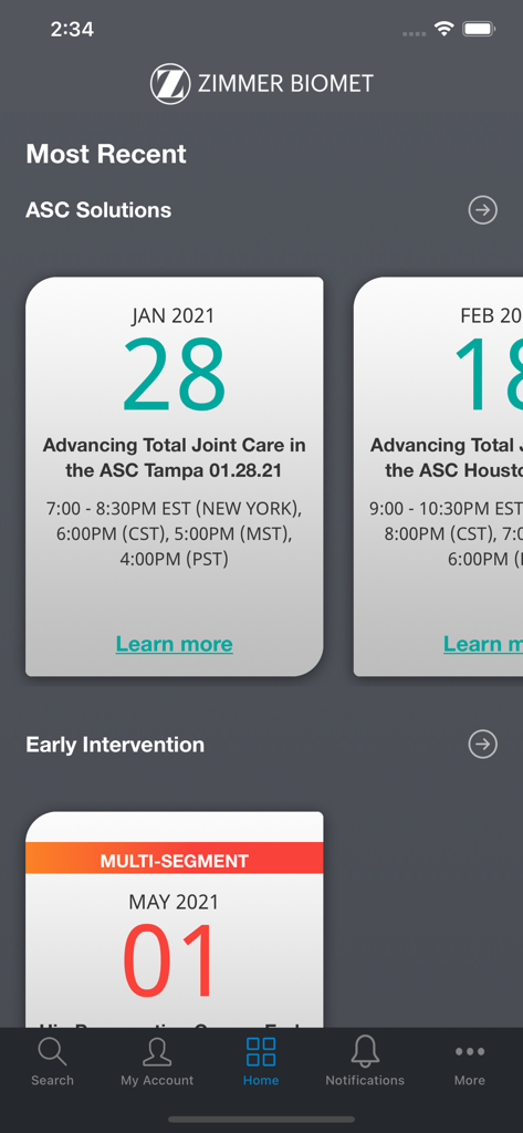 zbinetwork - The home screen of the zbinetwork app displaying medical education course cards for orthopedic surgeons