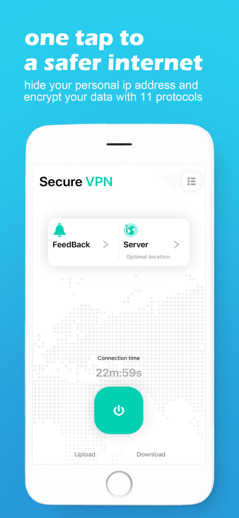 Interface de l'application VPN Proxy Sécurisé sur iPhone montrant un bouton de connexion en un clic pour une navigation Internet plus sûre