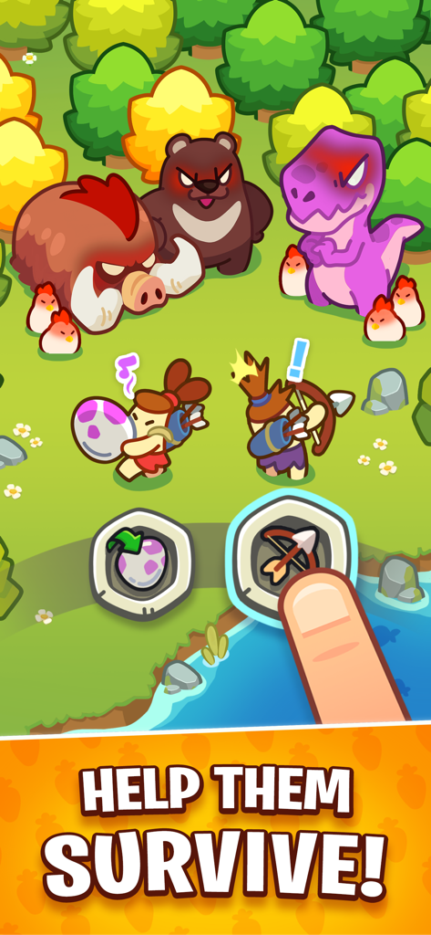 God of World - Cartoon-Höhlenmenschen in einem prähistorischen Wald, die Werkzeuge auswählen, um gegen einen lila Dinosaurier und einen Bären zu überleben