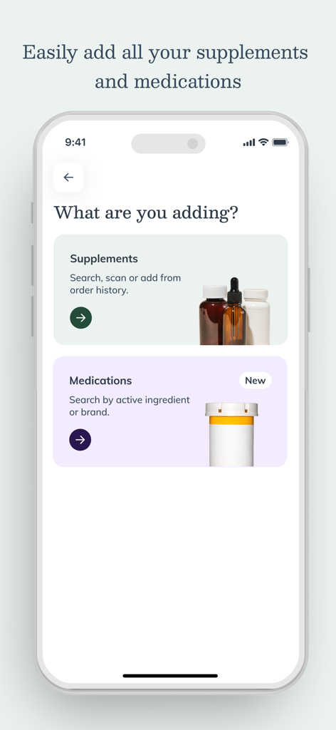 Fullscript - A mobile app screen for the Fullscript platform allowing users to add supplements and medications to their daily routine tracker.