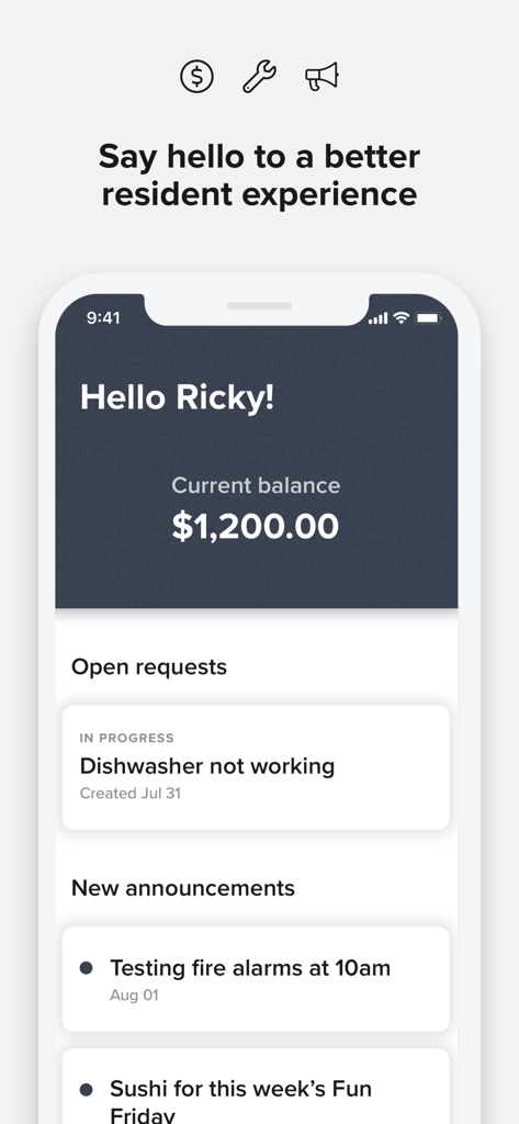 A screenshot of the Resident Center app dashboard displaying rent balance, an open maintenance request, and property announcements.