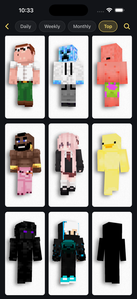 Une sélection des skins Minecraft les plus tendance dans la galerie de l'application Craftkit PE