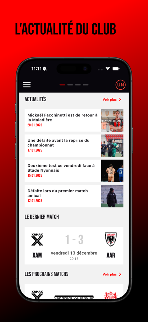 Neuchatel Xamax FCS - OFFICIEL - Official Neuchatel Xamax FCS app showing club news and recent match results