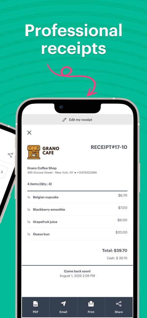 Kyte: POS, Inventory and Store - Mobile app interface showing a detailed digital receipt for a cafe purchase in Kyte POS