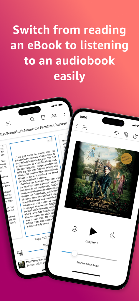 Amazon Kindle app demonstrating the switch from reading an ebook to listening to an audiobook.