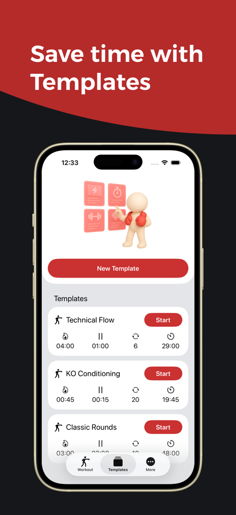 Boxing Timer: Boxio - Boxing Timer app screen displaying customizable workout templates for Technical Flow, KO Conditioning, and Classic Rounds.