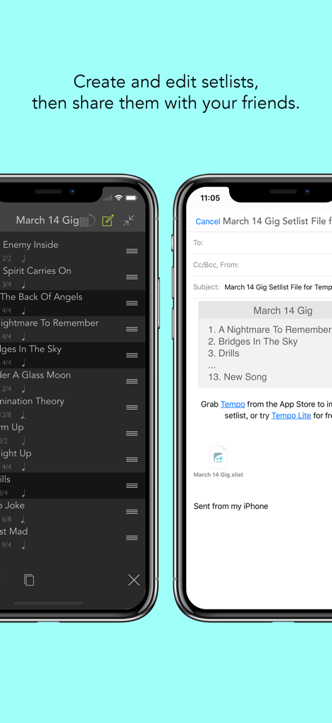 Tempo - Metronome with Setlist - Screenshots of Tempo app showing setlist organization and sharing features.