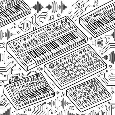 Explore a vibrant collection of electronic music instruments, from powerful synthesizers to groovy drum machines. This detailed coloring page invites you to bring the world of sound production to life with your favorite hues.