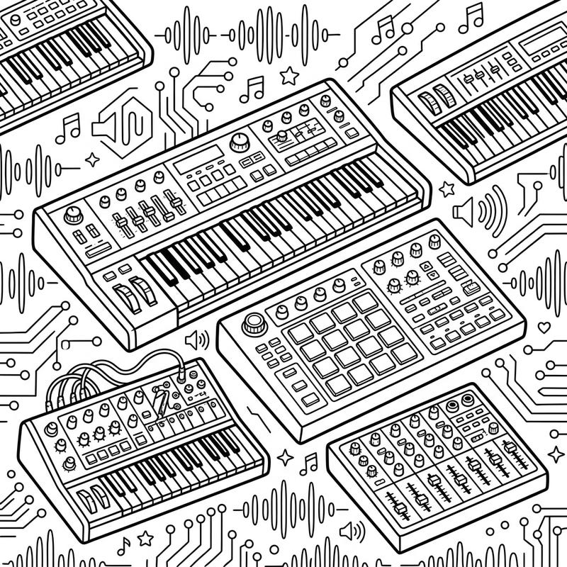 Explore a vibrant collection of electronic music instruments, from powerful synthesizers to groovy drum machines. This detailed coloring page invites you to bring the world of sound production to life with your favorite hues.