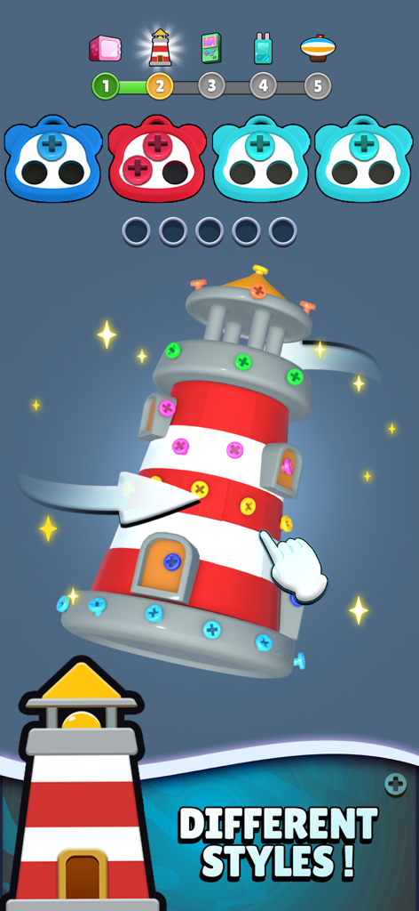 A 3D lighthouse model with colored bolts being sorted into panda containers in the Color Bolts Sort game