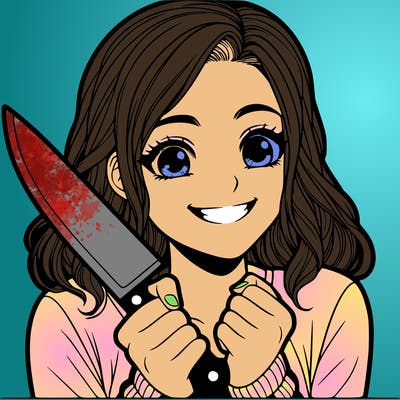 a realistic girl holding a knife and grinning