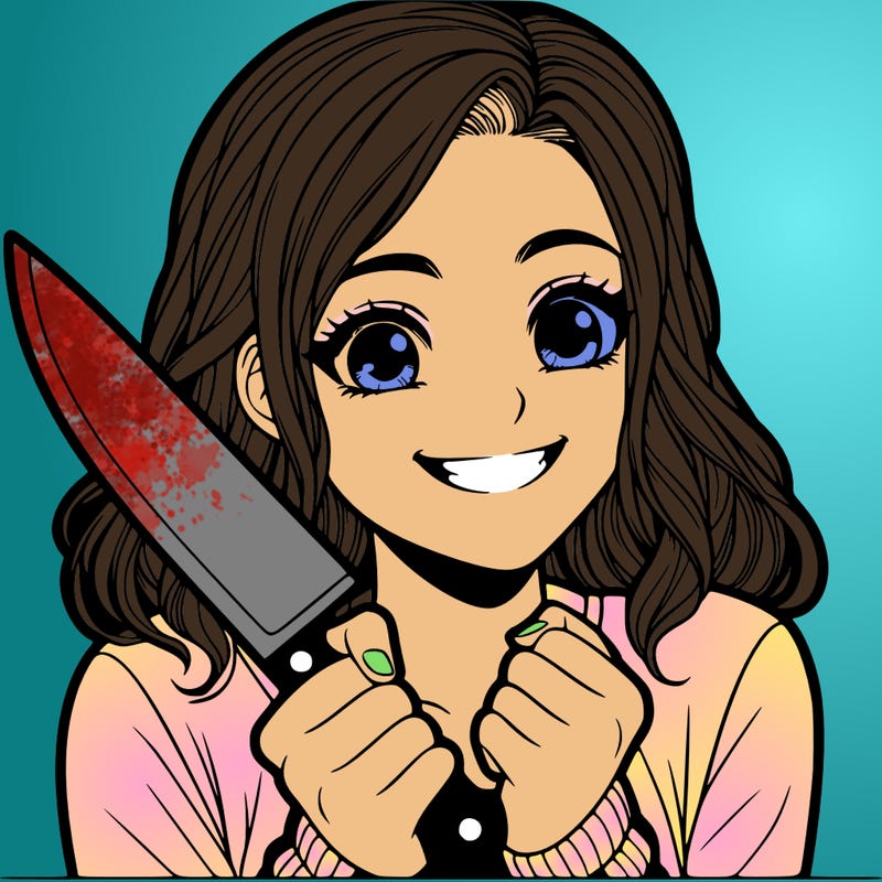 a realistic girl holding a knife and grinning