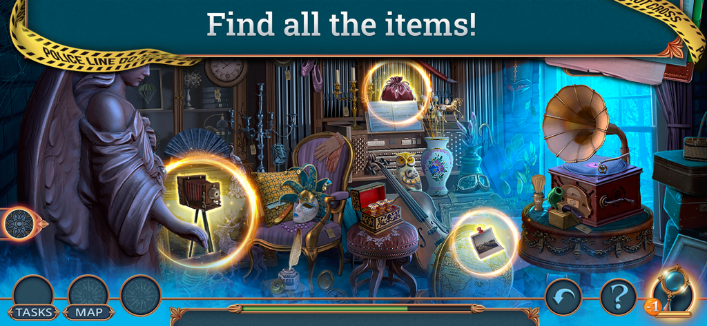 Unsolved Case: Episode 2 - F2P - Escena de juego de objetos ocultos que muestra una habitación desordenada con artículos vintage para encontrar.