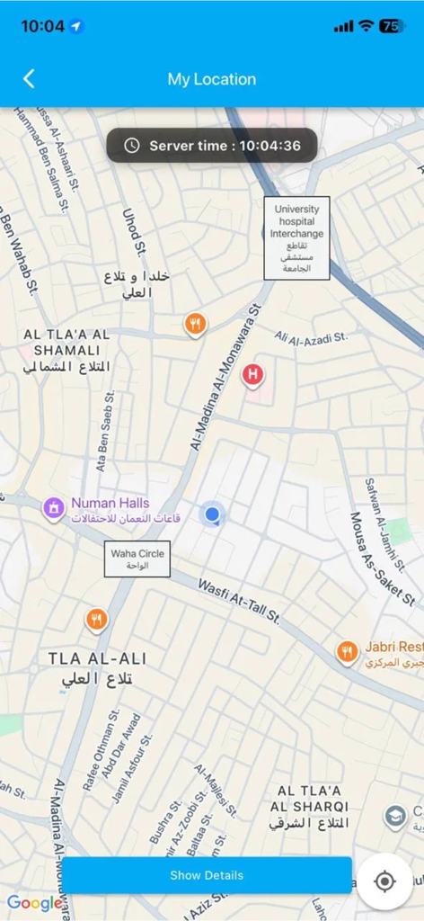 VOLT-HRMS - A map interface in the VOLT-HRMS app showing the user location with a server time display