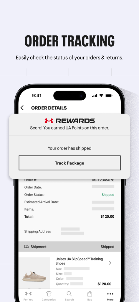 A mobile interface of the Under Armour app displaying order tracking status and earned rewards points notification
