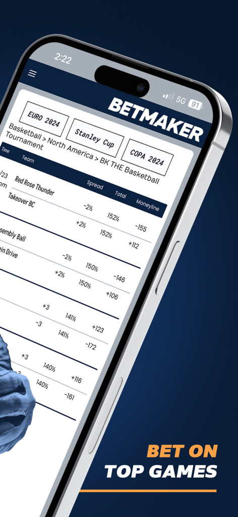 BetMaker™ Sports Odds - BetMaker app interface displaying real time sports betting odds for major tournaments