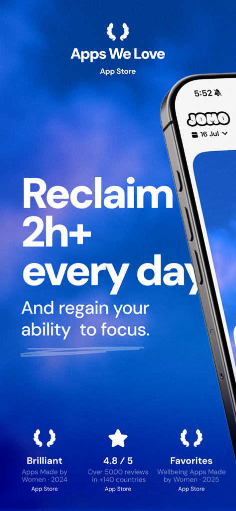 Jomo screen time blocker app promotion featuring the text reclaim 2 hours plus every day and regain your ability to focus with app store awards