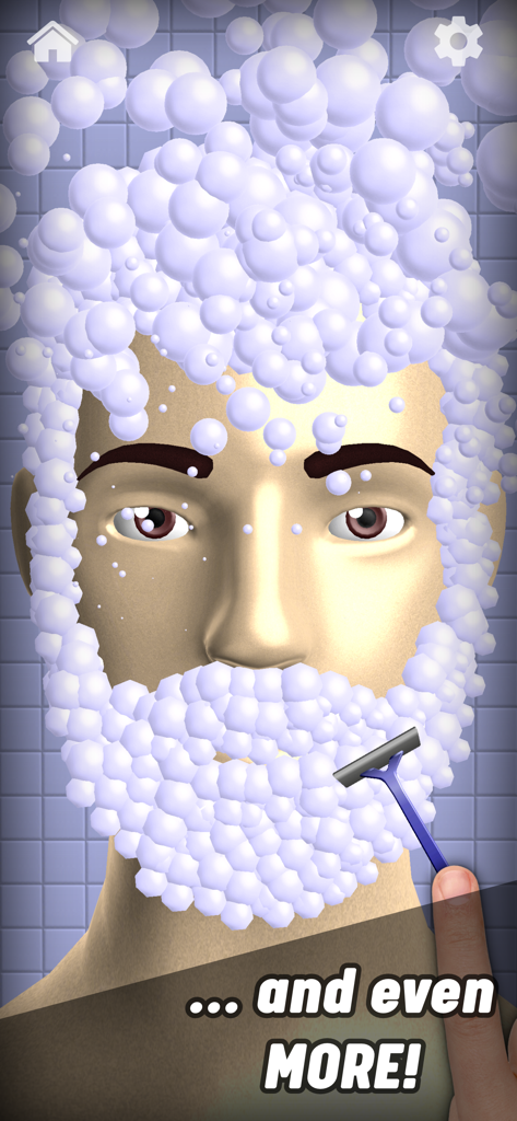 A digital character covered in shaving foam being shaved with a razor in the Antistress app