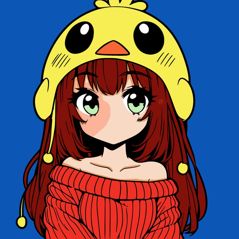 anime girl with chick shaped hat with sweater with bare shoulders with bangs covering them one eye with low tail
