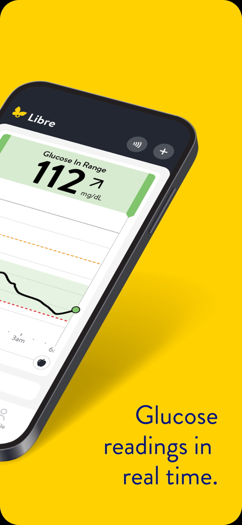Libre by Abbott App auf einem Smartphone-Bildschirm, die einen Echtzeit-Glukosewert von 112 mg pro dL anzeigt.