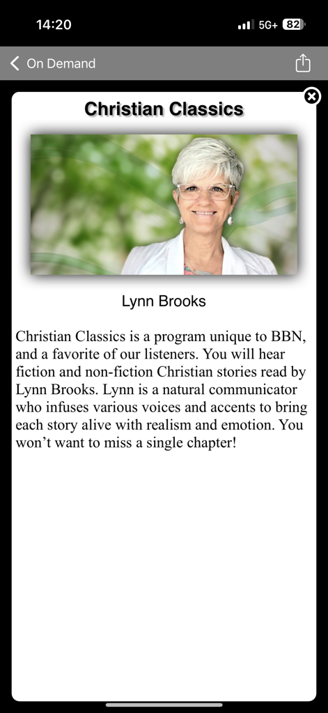 Program description for Christian Classics hosted by Lynn Brooks on the BBN Radio app